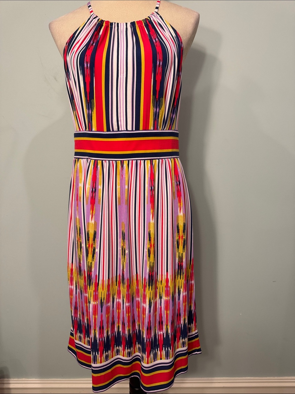 London Times Striped Multicolor Halter Midi Dress - Size 8